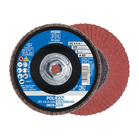 Pferd 5" x 5/8-11 Thd. POLIFAN Flap Disc - A-COOL SG INOX+ALU, Aluminum oxide, 60 Grit, Conical 62245